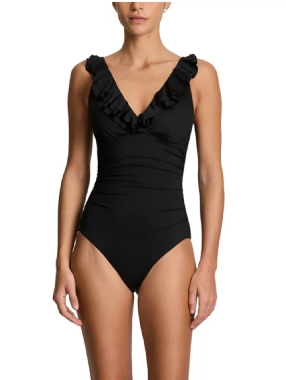 New Lauren Ralph Lauren Black Ruffle Surplice One Piece Swimsuit 16 Slimming